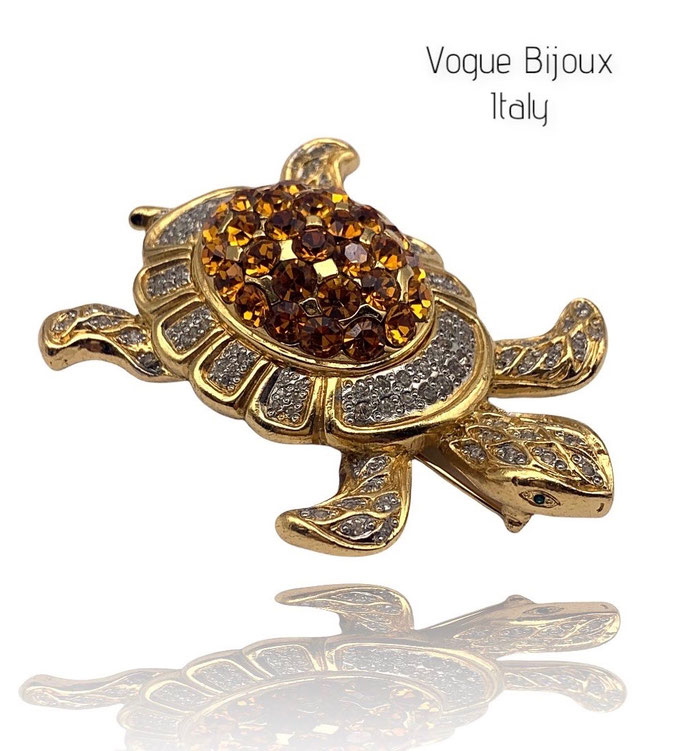 Rare VOGUE BIJOUX figural Turtle BROOCH pin - high quality w/Topaz stones and Clear in a chunky large Sea Turtle design -art-68/6