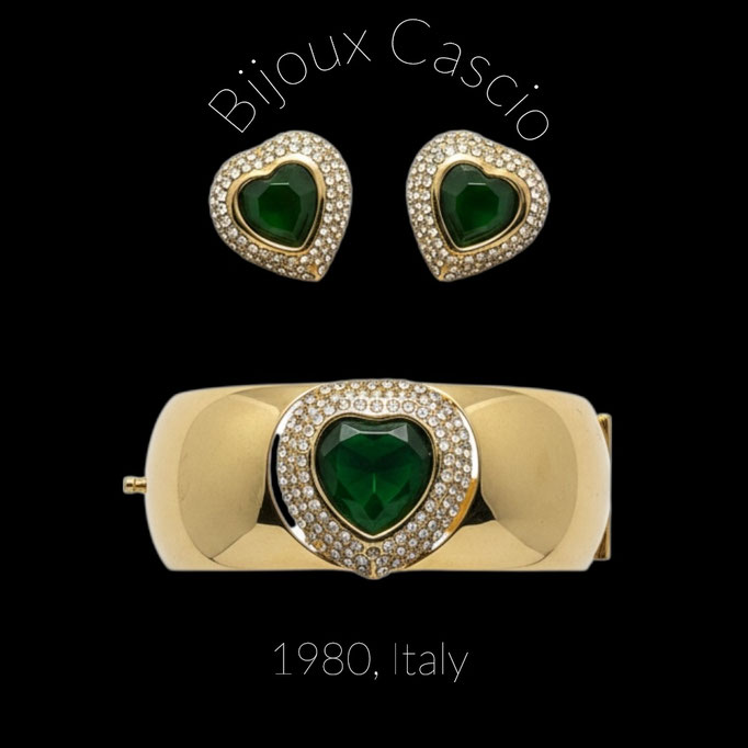 Bijoux Cascio Green Gripoix hearts and clear pave cuff bracelet and earrings set - Italian luxury collection-632/7