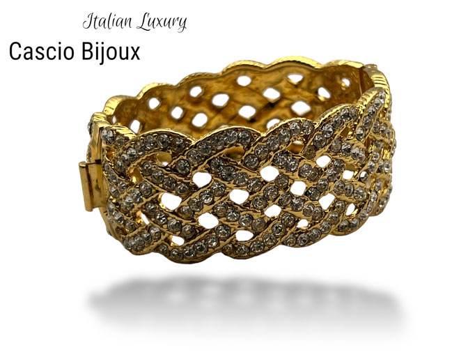 CASCIO Italy Hinged gold plated woven pattern bracelet w/sparkling clear crystals - Italian luxury for collection-808/6