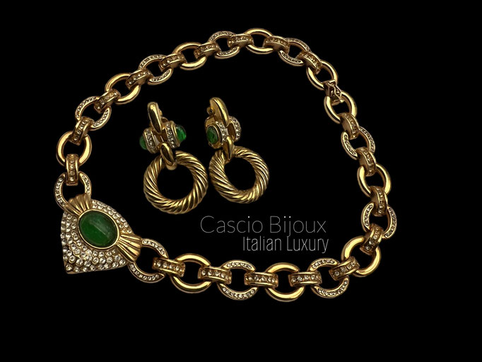 Amazing CASCIO choker and earrings set- gorgeous large Gripoix Glass cabochons & dazzling Rhinestones- Italian high-end quality - Art.800/6