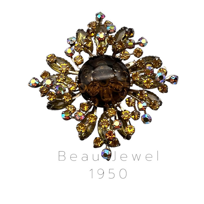 Amazing Large Flower Beau Jewels Topaz and Amber with AB  Crystal charming Swedge Vintage Brooch Pin - Art.487/7