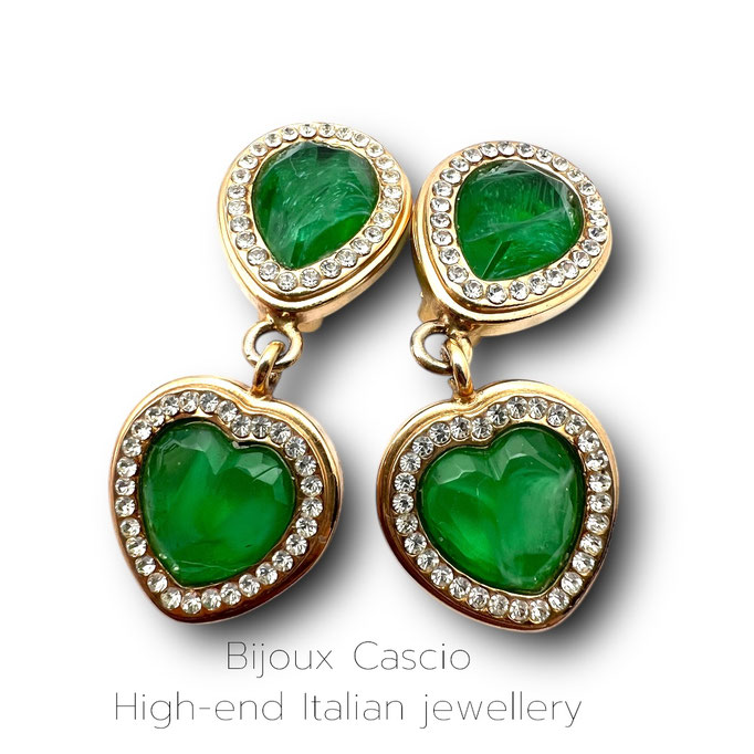 CASCIO Green Heart drop earrings high-end Italian Couture w/captivating Gripoix stones in vibrant emerald and clear diamantè-Art.605/7
