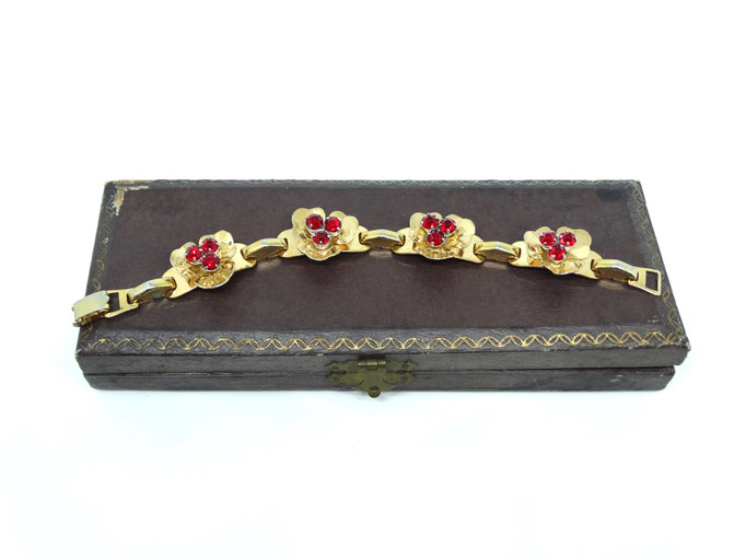 Signed BARCLAY Rhinestone Bracelet c1940s - elegant clover flowers ornament centered by sparkling red ruby stones --Art.206/6