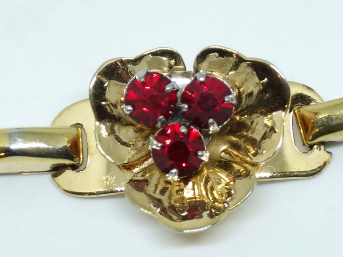 Signed BARCLAY Rhinestone Bracelet c1940s - elegant clover flowers ornament centered by sparkling red ruby stones --Art.206/6