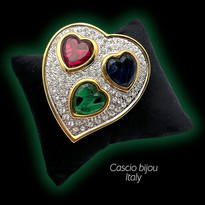 High end luxury Italian brand Bijoux Cascio Florence Heart brooch - Red, Blue and Green Gripoix stones and clear crystals - Art.607/7