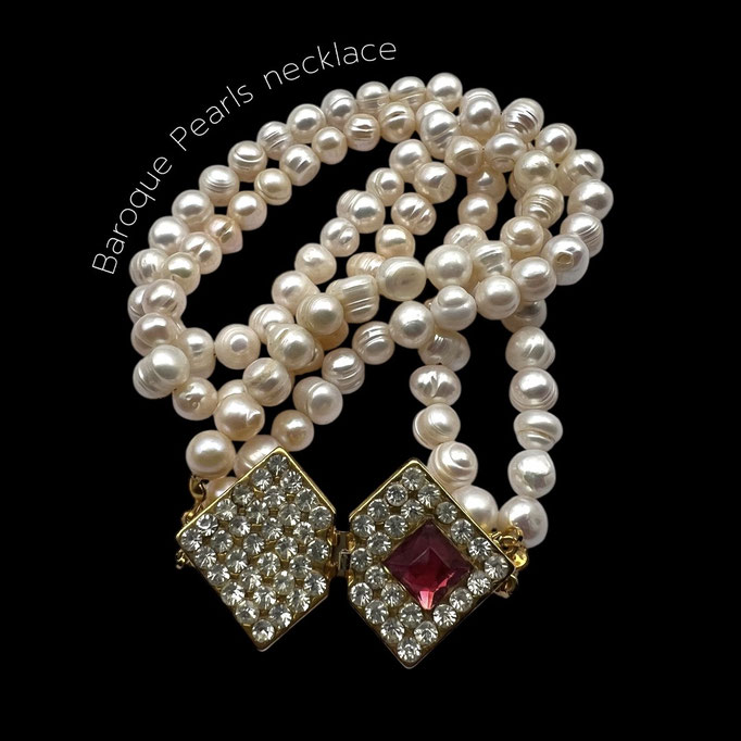 Natural Baroque Pearls with lovely pinkish luster 2 strands necklace ornate by sparkling  and large jeweled  Clasp --art.51/3-SOLD OUT