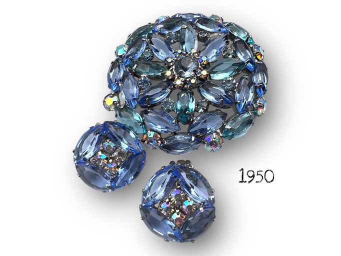 Spectacular Blue Navette Open Back AB Rhinestone Brooch and Earring Set -  very brilliant stones in vibrant blue shades ~ Art.453/7