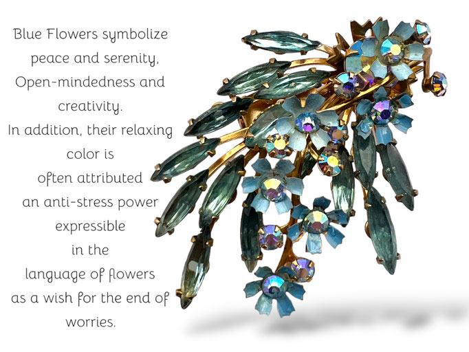 Enchanting beauty 1950s Austrian layered spray enameled floral brooch with vibrant Baby blue crystals and AB chatons -- art.906-6 