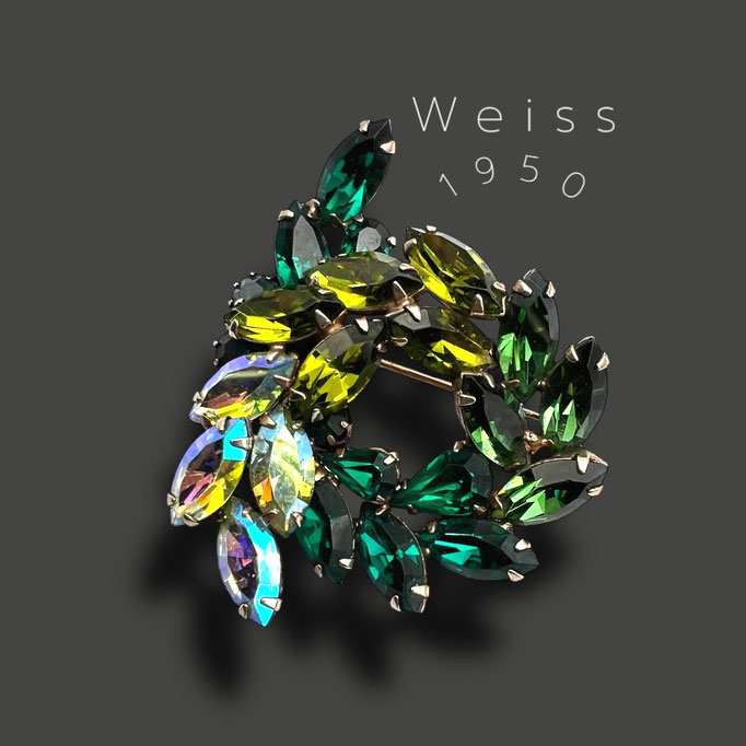 Albert Weiss shades of Green Rhinestone Pin - Sparkling greens and AB marquise  - Knot/Wreath rare Weiss brooch late 1950s - Art.451/7