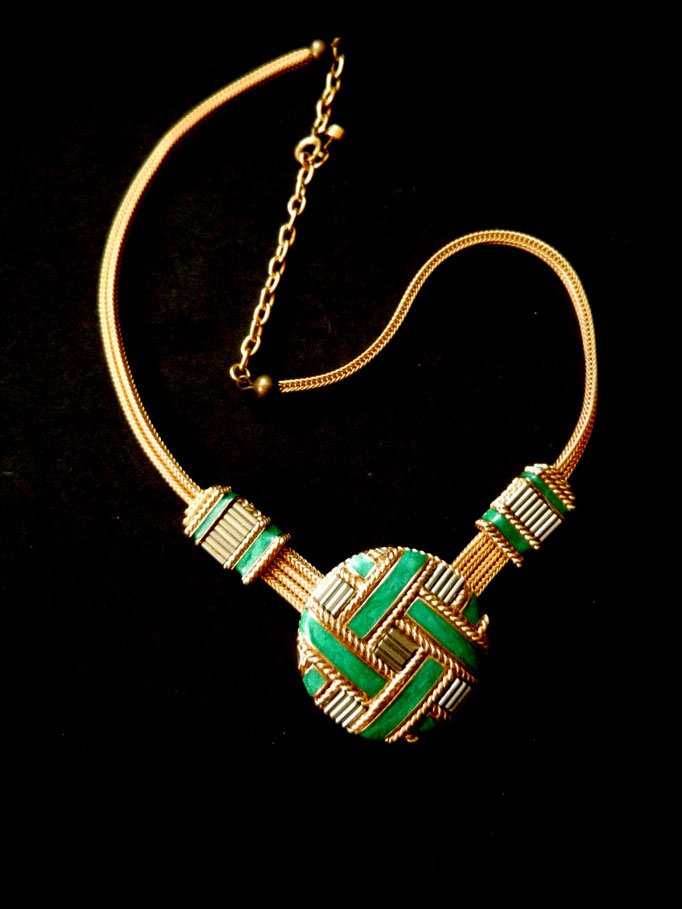 High-end enamel round pendant necklace signed ORENA - Parisian couture statement piece so cool  -Art.213/4-