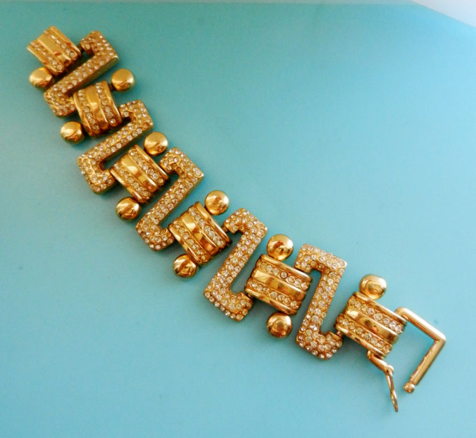 Pave Link Bracelet - gold chunky chain bracelet with clear rhinestones - © D'Orlan 1980s high end Extra Wide Link bracelet  -art.470/4-