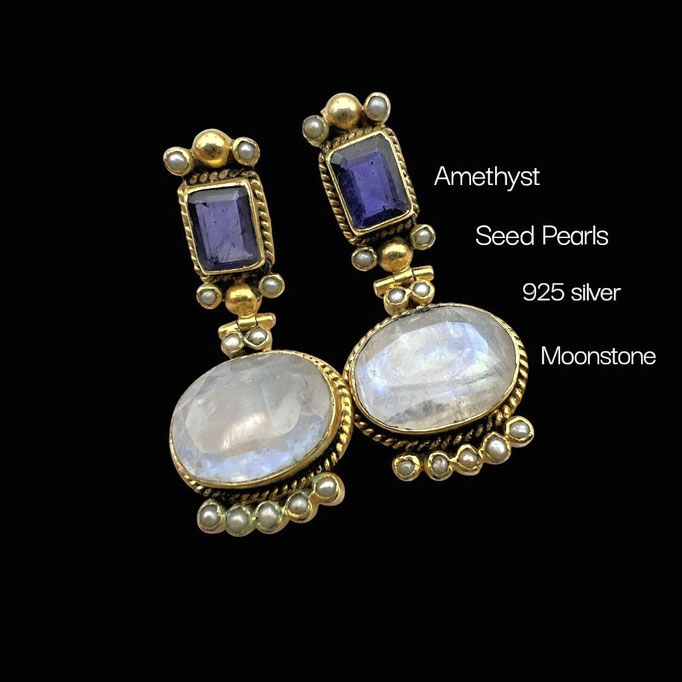 Stylish Napoleonic design Moonstones and Amethyst w/seed pearls earrings-  natural stones bezel set on 925 silver gold vermeil-art.240/3