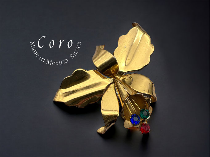 Hector Aguilar for Coro Gold Vermeil, Silver & Colored Rhinestone Orchid Brooch- highly collectable piece - Art.139/7
