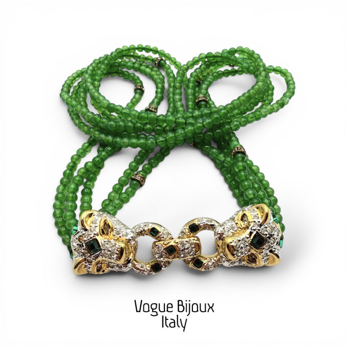 Rare Vogue Bijoux Double Panther Crystal Necklace, Vintage Multi-strand Jade Green Choker, Signed Italian Designer Jewelry -725/7