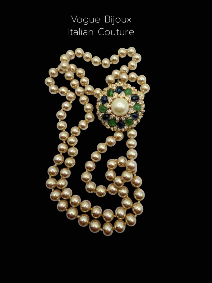 VOGUE BIJOUX signed Couture Statement Mogul Style 2 strand necklace Glass Pearls - subtle Design details in original box-art.681/7