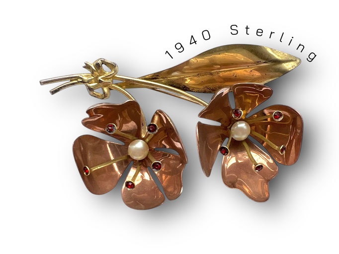 Stunning 3D brooch, authentic Retro era, in Sterling with yellow gold and rose gold vermeil, cultured pearls, and ruby rhinestones- 428/7