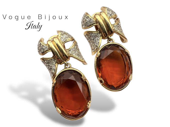 VOGUE Bijoux Italian brand Glass Topaz & Crystal Rhinestone Art Nouveau Revival Vintage Earrings -Art.51/7