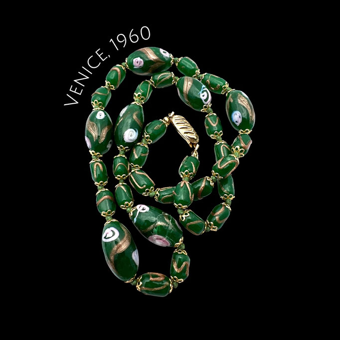 Vintage Venetian Glass ornate Fiorato with Aventurine Green Bead Necklace - choker style in red and gold nice plated clasp-art.548/7
