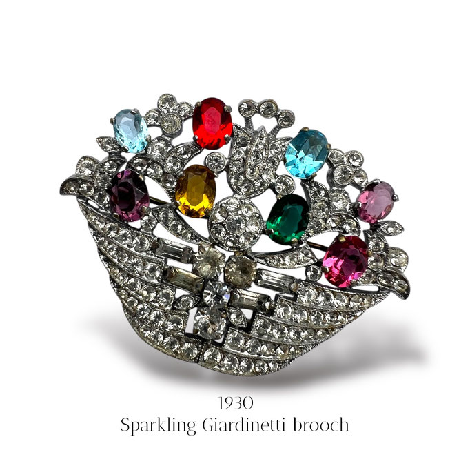 1930 Charming Old Czech silver flower basket with blooming gems and clear Diamantè - lovely antique basket pin - Art.509/7