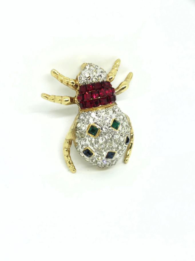 VOGUE Bijoux Italy Signed jeweled Emerald,Ruby,Sapphire and crystal Diamond pave Gold Bug Beetle Insect Pin Brooch -art-993/5-SOLD