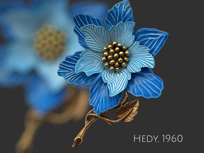 Awesome Signed HEDY 1960s Blue Flower Power Enameled Brooch -Mid-Century Hedy Dimensional Enameled Flower Brooch - art.782/6