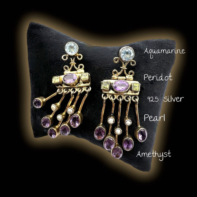Stylish Napoleonic dangle design Peridot, Amethyst, Aqua w/seed pearls earrings-natural stones bezel set on 925 silver gold vermeil-art512/7