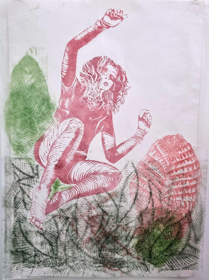 #flügge_J, Linolschnitt Monotypie 2026, Öl auf Papier, 45x58cm