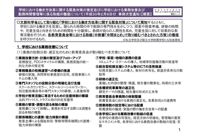 学校における業務改善及び勤務時間管理等に係る取組の徹底に関する事務次官通知１