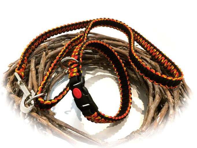 Standard-Leine und Paracord/Biothane-Halsband im Set (Farben: Fireball/Black)