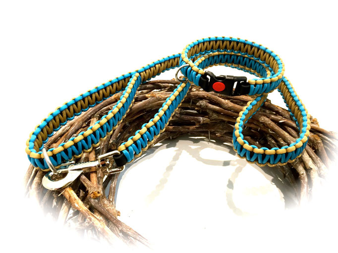 Standard-Leine und Paracord/Biothane Halsband im Set (Farben: Neon Türkis/Tan 380)