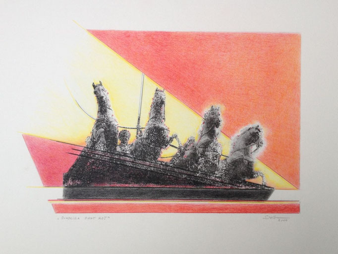 Quadriga sieht rot, Monotypie, 50 x 35 cm, 2000. (632)