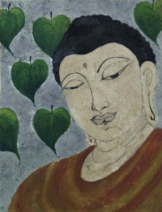 Buddha, Sand und Farbe auf Pappkarton, 2018, 34x28 cm, verkauft, Sri Lanka