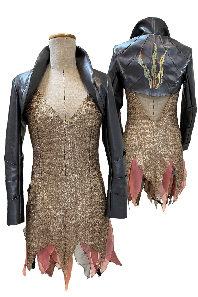 Partykleid mit Bolero aus Paillettenstoff, Seidenorganza und Lederimitat 