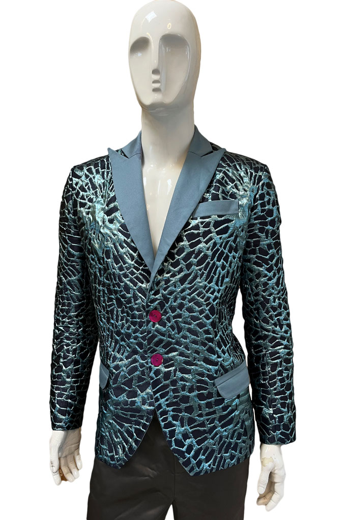 Elegantes Jacquard-Sakko in Türkis-Schwarz, akzentuiert durch ein markantes, steigendes Revers