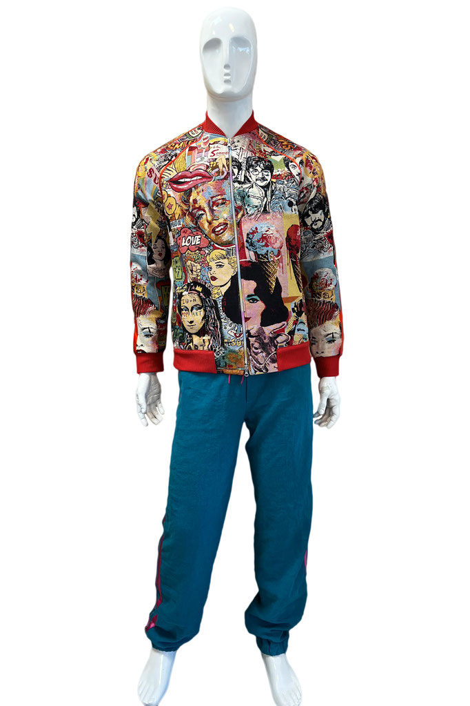 Bomberjacke aus hochwertigem Baumwoll-Comic-Jacquard, farbenfroh und individuell gestaltet