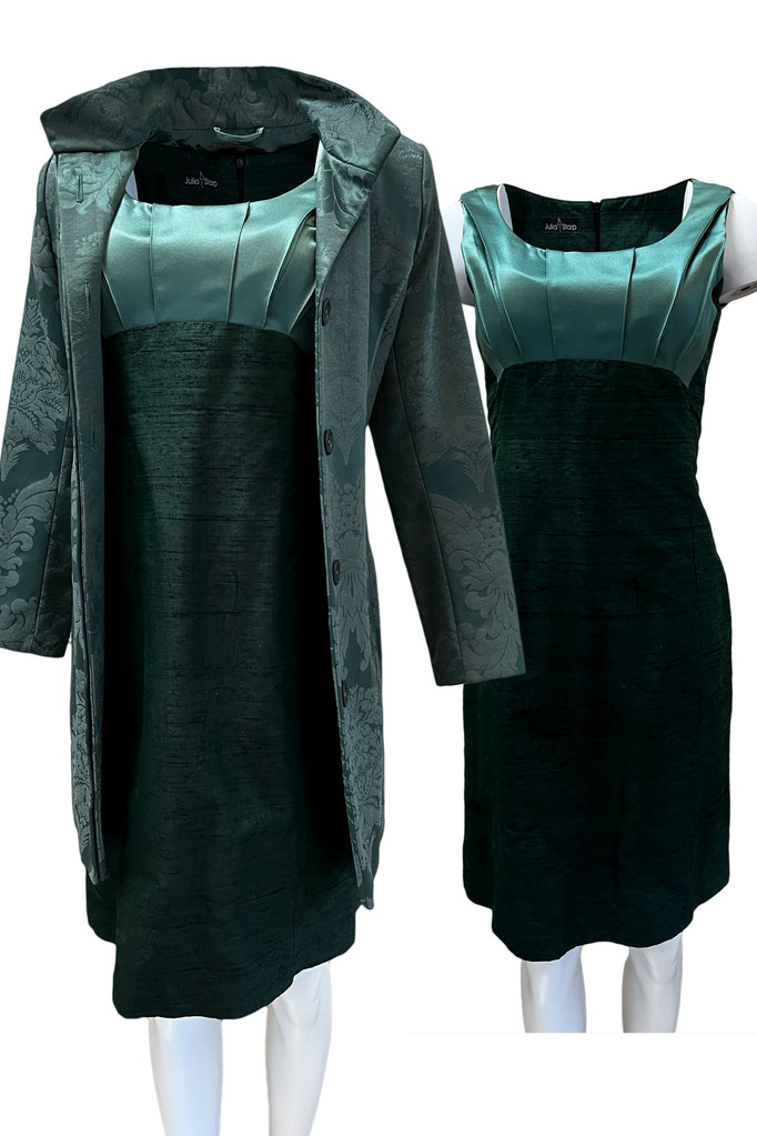 Grüne Mantel-Kleid-Kombi aus Satinseide, Wildseide und Jacquard-Baumwolle, Falten im oberen Kleidbustier