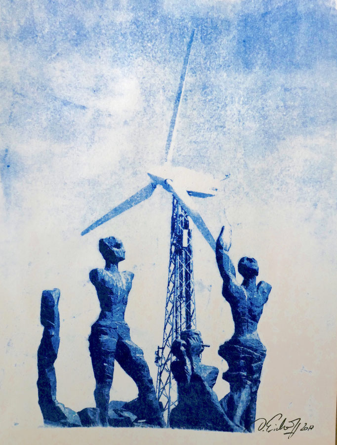 Windrad bei Wustrow, Transferlithografie, 20x 30 cm