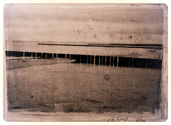 Buhnen bei Zingst, Transferlithografie, 20x 30cm 