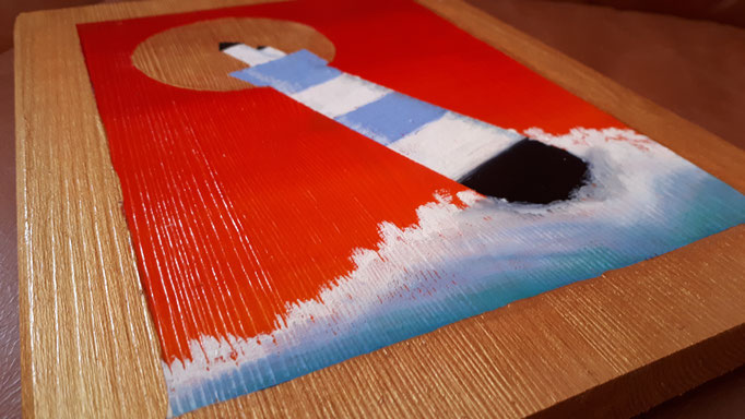"Der blaue Leuchtturm im Sonnenuntergang" im Ikonenstil, 26x20 (Ölpastellkreide und Acrylfarben auf Holz) 