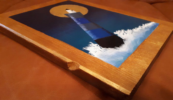"Der blaue Leuchtturm" im Ikonenstil, 26x20 (Ölpastellkreide und Acrylfarben auf Holz) 