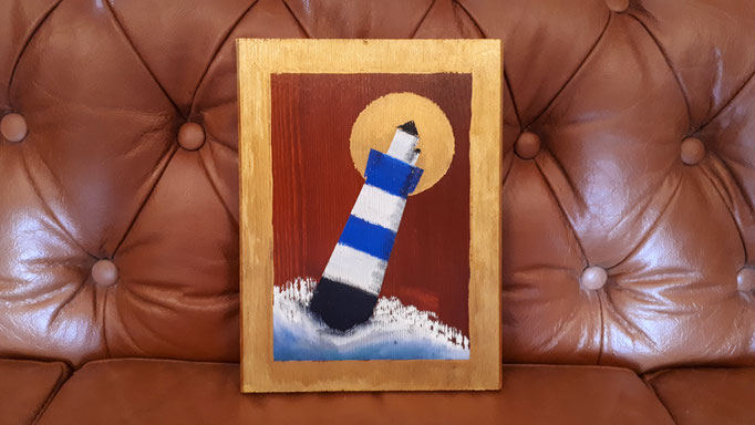 "Blauer Leuchtturm im Herbst" im Ikonenstil, 26x20 (Ölpastellkreide und Acrylfarben auf Holz) [VERKAUFT]