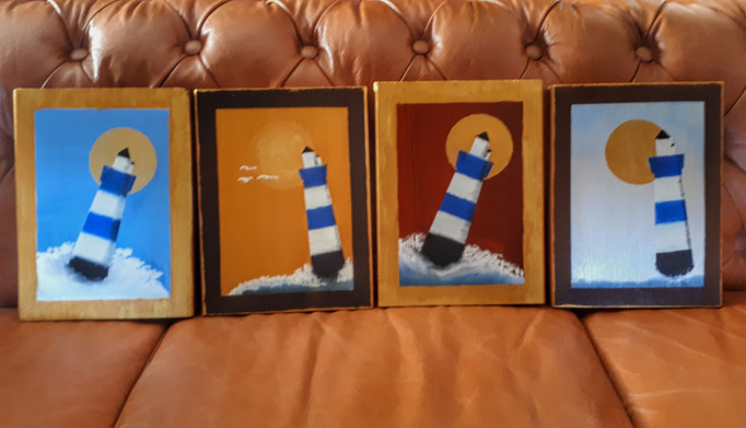 Serie "Blauer Leuchtturm in allen Jahresszeiten" im Ikonenstil, 26x20 (Ölpastellkreide und Acrylfarben auf Holz) [VERKAUFT]