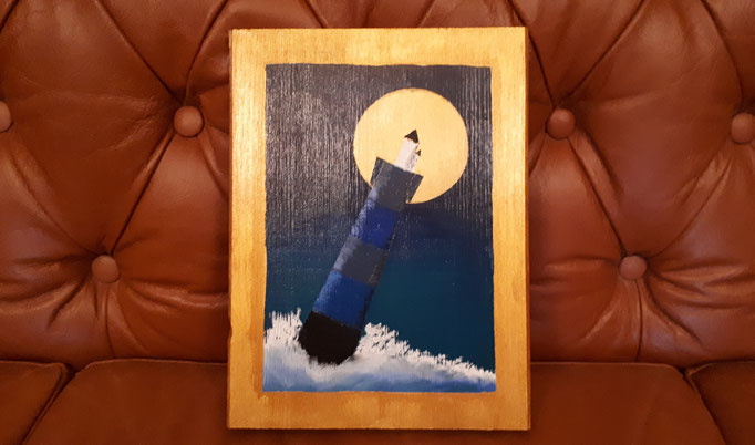"Der blaue Leuchtturm" im Ikonenstil, 26x20 (Ölpastellkreide und Acrylfarben auf Holz) 