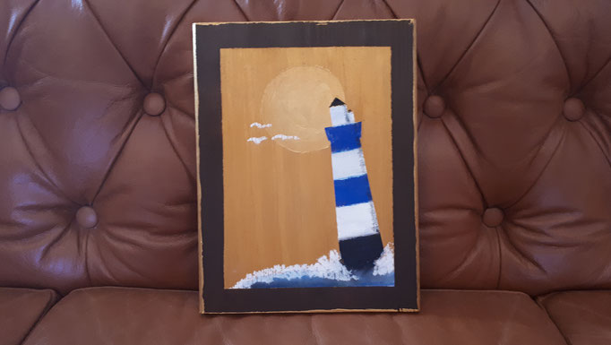 "Blauer Leuchtturm im Sommer" im Ikonenstil, 26x20 (Ölpastellkreide und Acrylfarben auf Holz) [VERKAUFT]