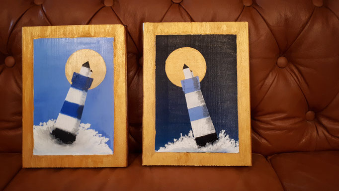 "Blauer Leuchtturm" und "Blauer Leuchtturm II" [VERKAUFT] im Ikonenstil, 26x30 (Ölpastellkreide und Acrylfarben auf Holz)