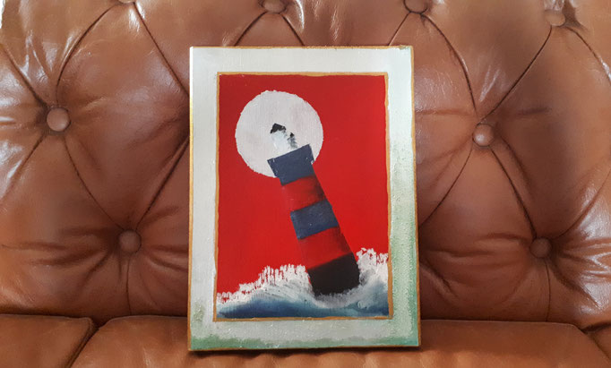 "Rot-blauer Leuchtturm" im Ikonenstil, 26x20 (Ölpastellkreide, Echtrostpatina  und Acrylfarben auf Holz)  [VERKAUFT]