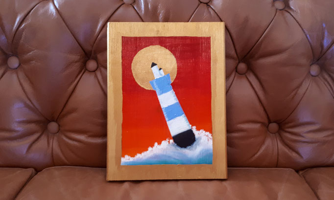 "Der blaue Leuchtturm im Sonnenuntergang" im Ikonenstil, 26x20 (Ölpastellkreide und Acrylfarben auf Holz) 