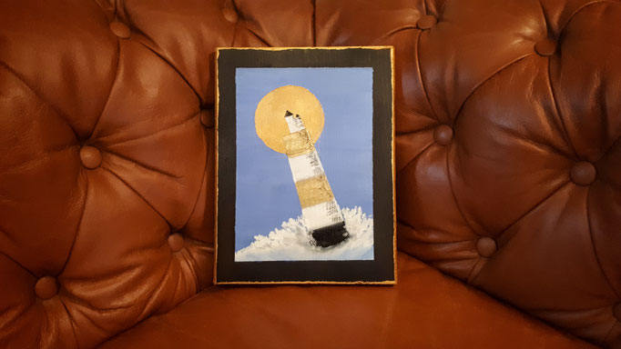 "Gelber Leuchtturm" im Ikonenstil, 26x20 (Ölpastellkreide und Acrylfarben auf Holz)