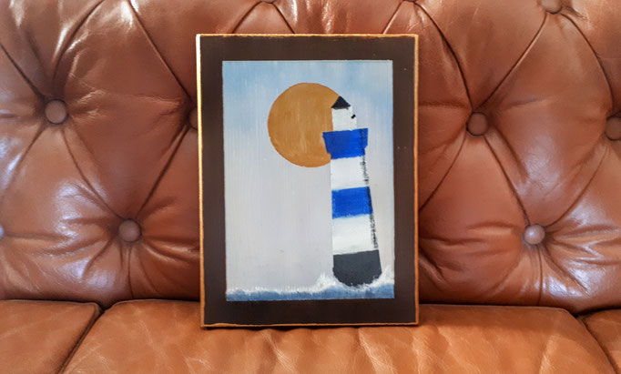 "Blauer Leuchtturm im Winter" im Ikonenstil, 26x20 (Ölpastellkreide und Acrylfarben auf Holz) [VERKAUFT]