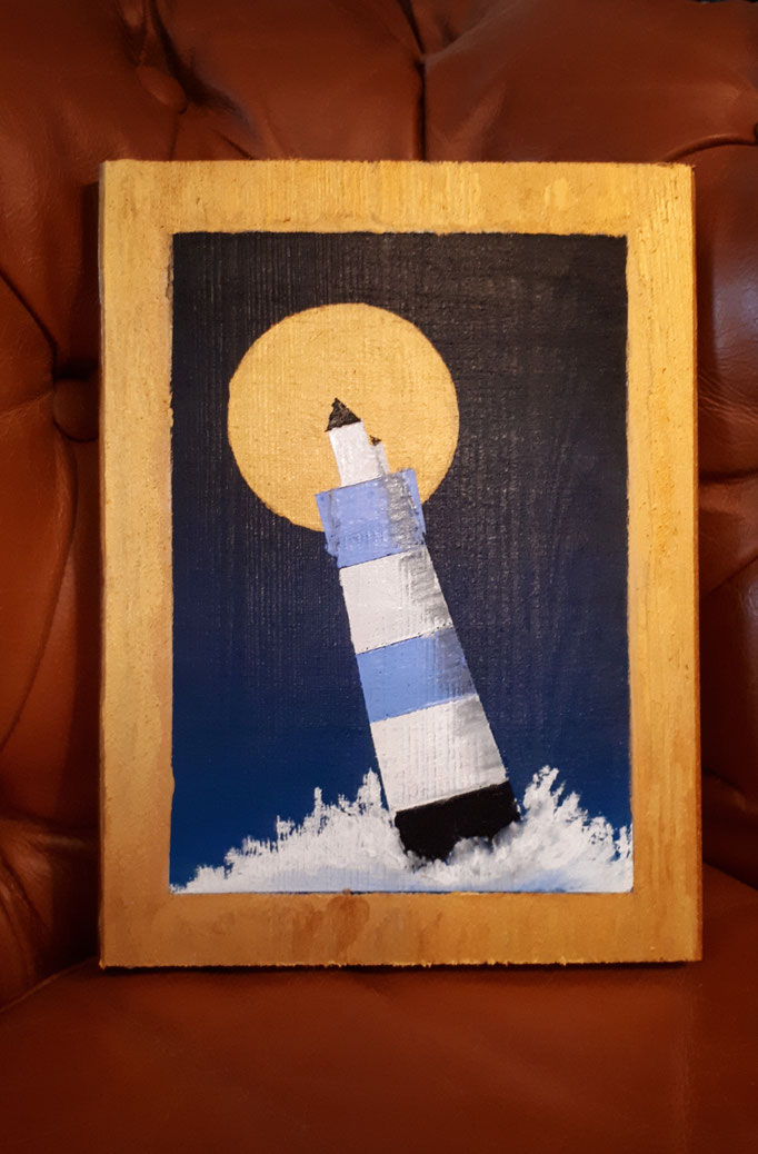 "Blauer Leuchtturm II" im Ikonenstil, 26x30 (Ölpastellkreide und Acrylfarben auf Holz) [VERKAUFT]
